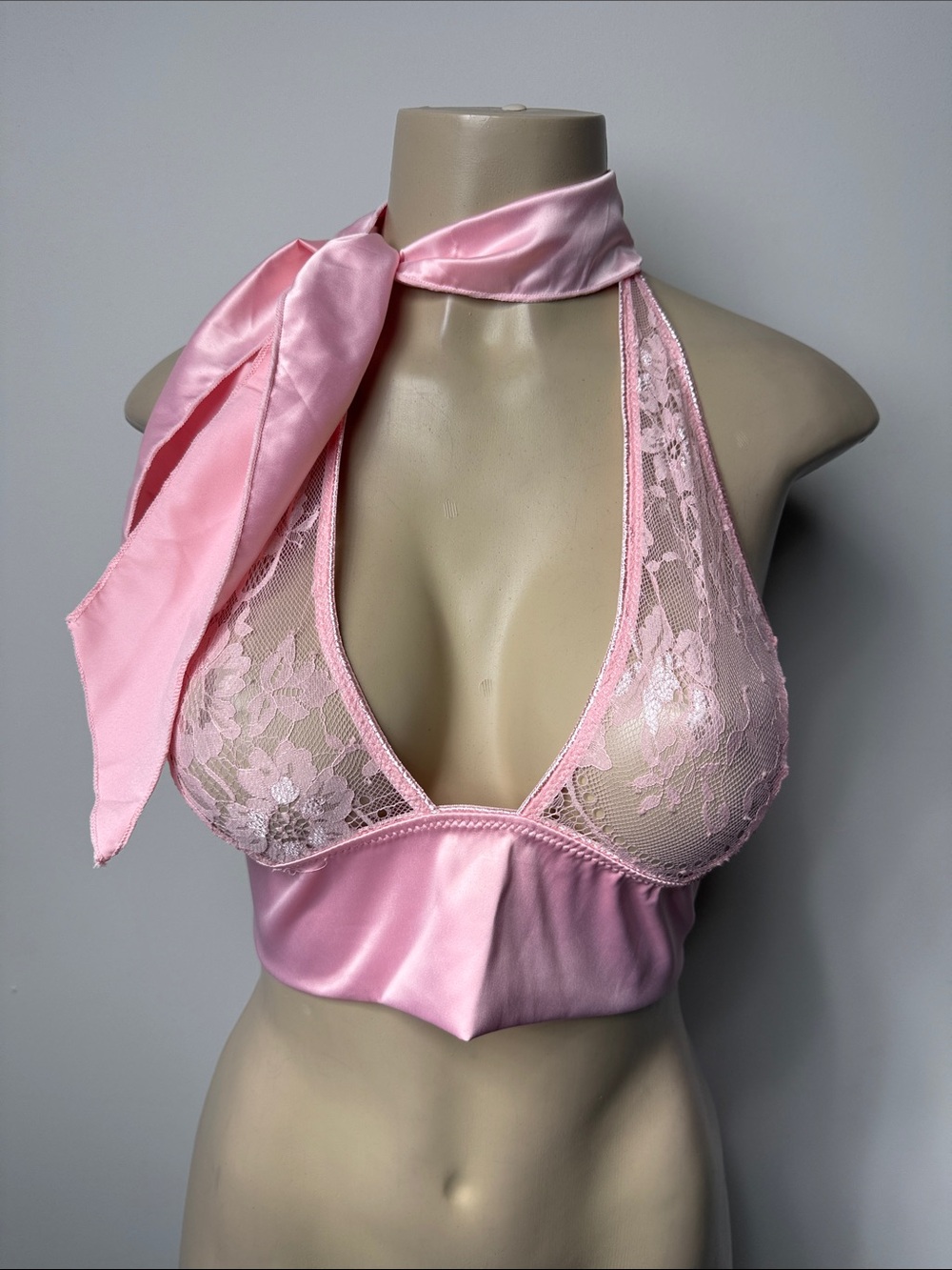 Fashion Nova Pink Lace Halter Bralette with Satin Neck Tie